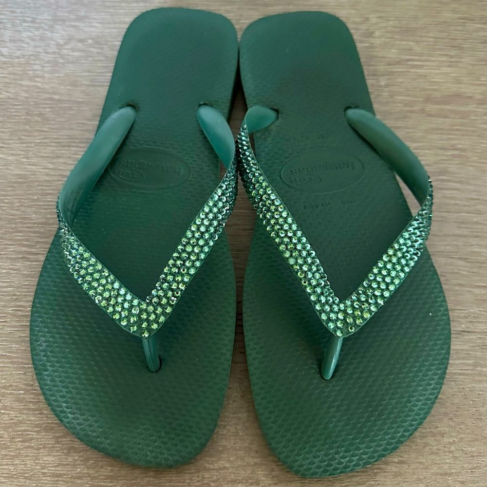 Havaianas Brazil Green Crystal Embellished Thong Flip Flops Sandals 42-42